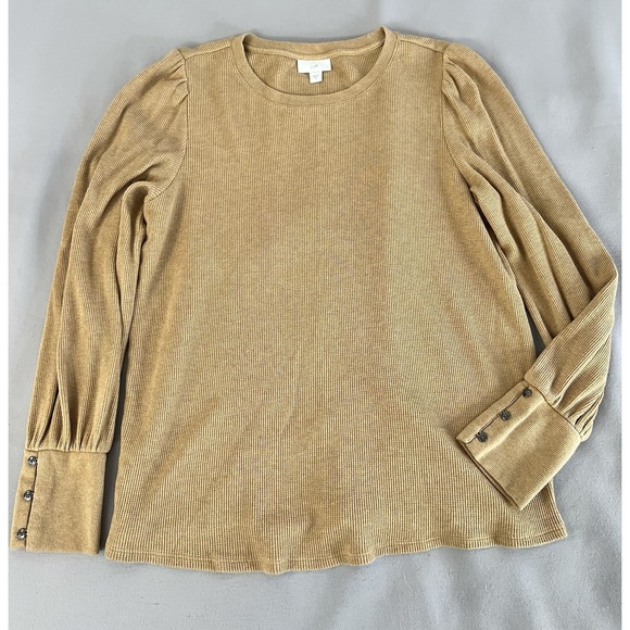 J Jill Women's Sz Medium Tan crew neck Waffle Top long sleeve cotton - Picture 4 of 9